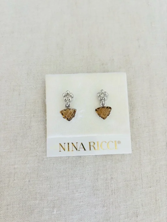 Nina Ricci Silver Floral Stud Earrings with Honey-Brown Crystal Drops enamel - Picture 5 of 6